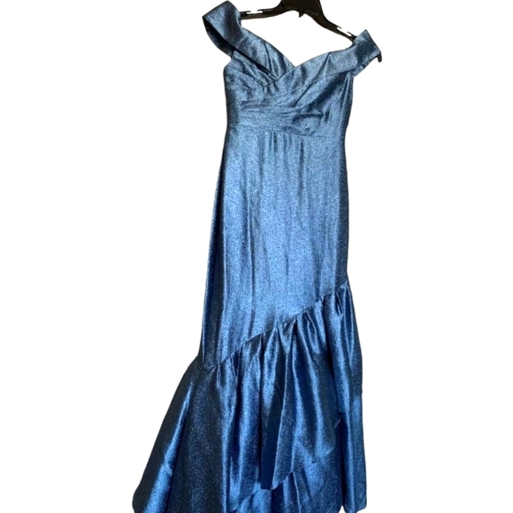 Aidan Mattox Blue Metallic Off-the-Shoulder Ruffle Mermaid Gown Maxi Dress 16 - Picture 3 of 16